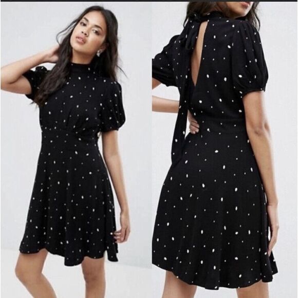 Free People Abbie Printed Polka Dot Mini Dress Mock Neck with Tie Women’s Size 0 - Picture 2 of 12